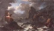 unknow artist A coastal landscape with shipping in a storm,figures shipwrecked in the foreground oil painting artist